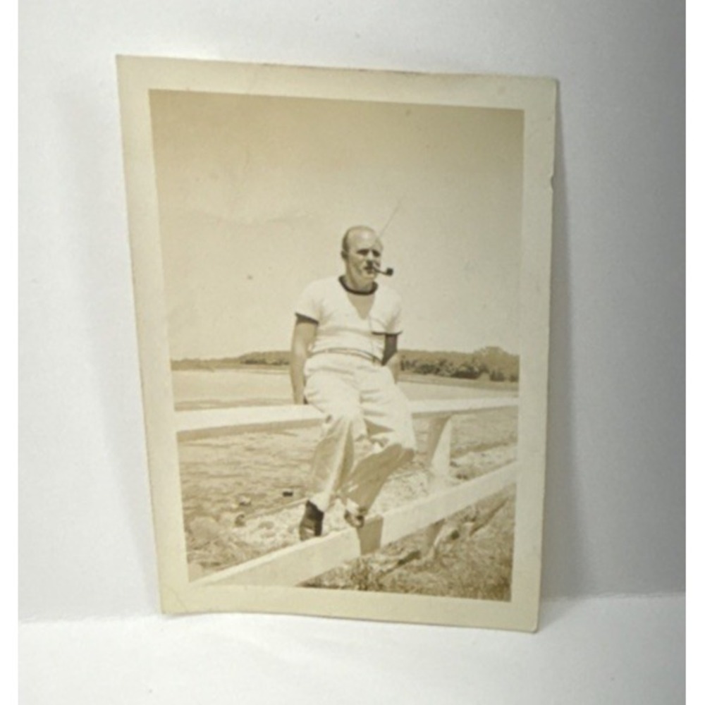 Vintage 1939 Snapshot Man with Pipe Candid Photo Handwritten Note